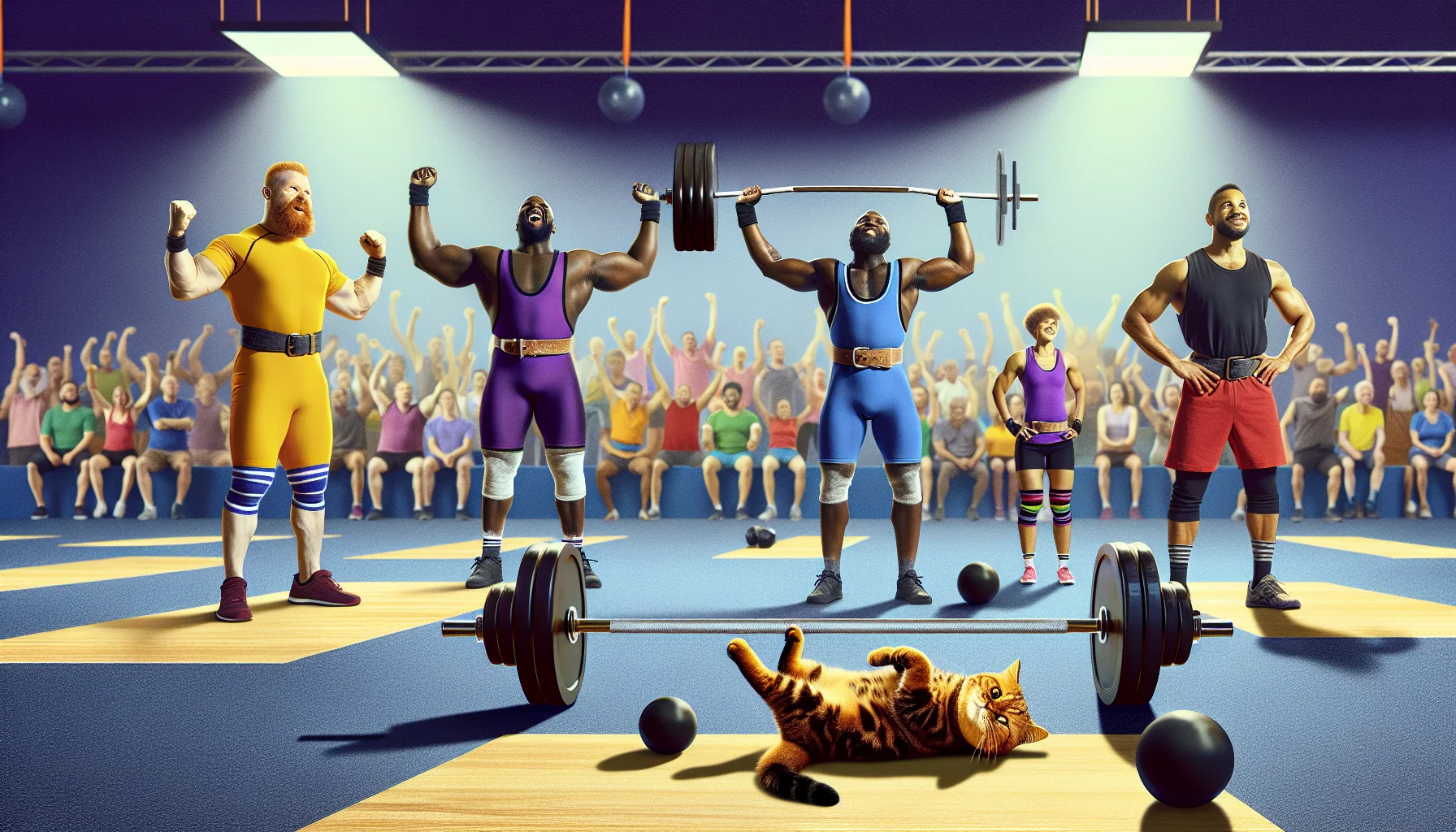 Create an engaging, humorous scene representing a powerlifting competition. Imagine the scene taking place in a lively gym. The competitors should be a solid mix of races and genders - Caucasian man, Black woman, South Asian man, and Hispanic woman participating in the event. Let's add a humorous twist; depict a round, lazy cat trying to join in, lifting a tiny dumbbell with its paw. The atmosphere should be light-hearted, with supportive crowd cheering on the lifters and amused with the cat's actions. This image aims to make powerlifting and exercise in general more appealing to the viewers.