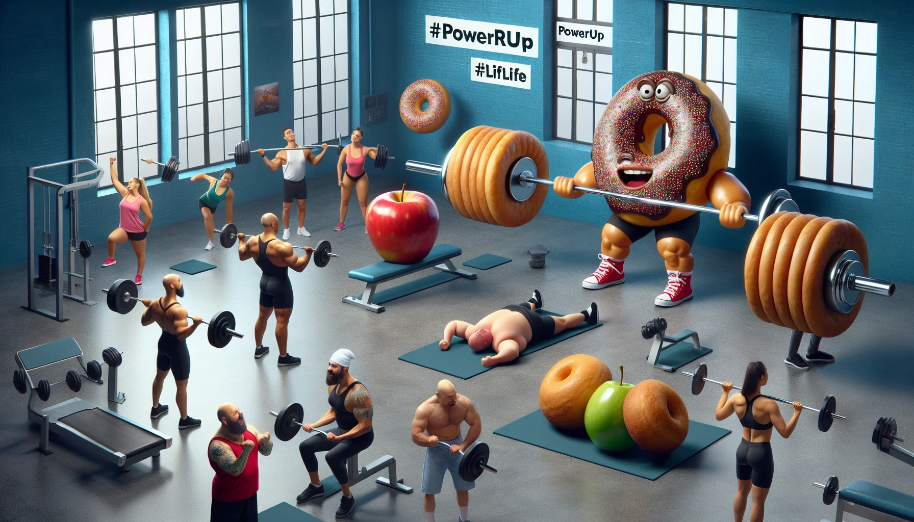 Create a comical, visually intriguing image that advocates for physical exercise through the context of powerlifting. The scenario could be a gymnasium where weights are humorously replaced by larger-than-life everyday objects, such as enormous doughnuts or gigantic apples. Imagine people of different genders and descents engaging in this humorous workout regime, with expressions of both determination and amusement on their faces. Spread throughout the image are the visualization of several powerlifting-related hashtags like '#PowerUp', '#LiftLife', and '#GymHumor', subtly encouraging viewers to take up exercise.