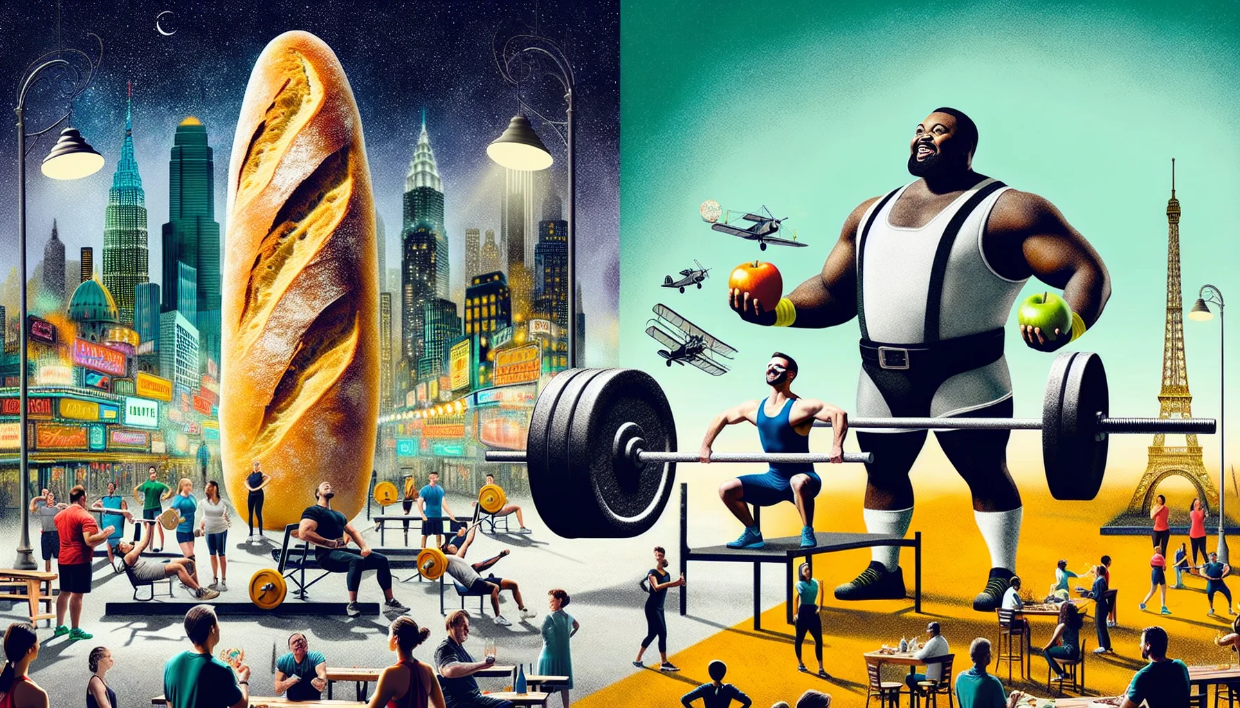 Imagine a humorous scene that highlights the competition between powerlifting and strongman events. In one corner, a muscular Caucasian woman is confidently performing a bench press with an oversized barbell that lightheartedly resembles a massive baguette. In the opposite corner, a brawny Black man is effortlessly lifting a colossal dumbbell shaped like a giant apple, a playful take on the strongman deadlift. The background is a bustling gym filled with other multi-ethnic individuals engaged in various forms of exercises, illustrating an inclusive atmosphere encouraging everyone to participate. This playful spin on exercise aims to promote fitness as a fun and diverse activity.