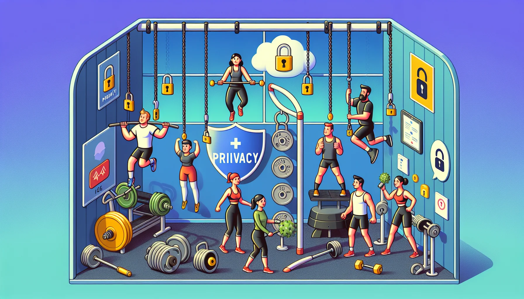 Create a humour-filled, engaging image representing the concept of safeguarding personal health data during physical fitness activities. The scene should depict a gym with people from diverse descents such as Caucasian, Hispanic and Middle-Eastern working out using various fitness equipment. However, they're not just working out - they are protecting their personal health data. Perhaps there's a comical scene such as a woman jumping rope with a shield labeled 'Privacy', or a man lifting weights that have locks instead of plates. This image should raise a smile and encourage people to be aware of privacy while also motivating them towards physical fitness.
