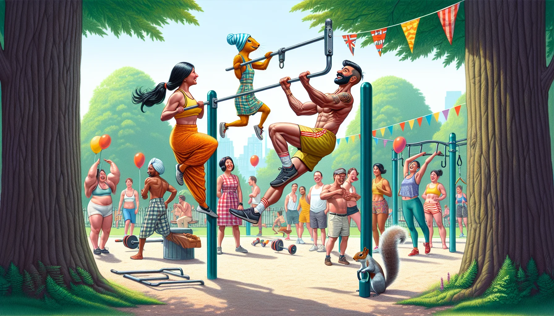 Generate a whimsical and detailed image showcasing a humorous scene set at an outdoor park. In this image, we see an energetic South Asian female and a lanky Caucasian male engaged in a calisthenics workout using a pull-up bar. Their workout attire is mismatched and comical, attracting attention from a diverse group of onlookers. Maybe a squirrel is joining in the workout, trying to do pull-ups too. Balloons and banners hang from the trees, perhaps someone attempted to create a festive gym setting. The scene instills a sense of merriment and demonstrates how exercise can be fun and accessible to all.