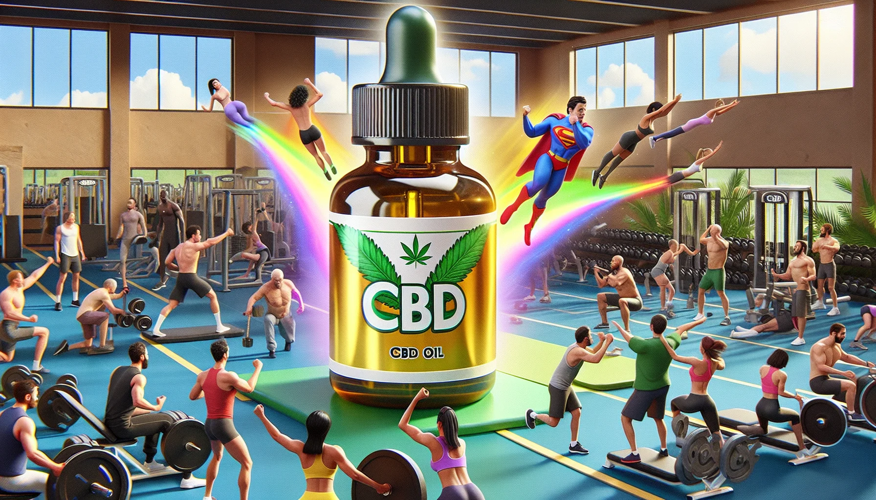 Create a comical, realistic image featuring pure CBD oil. The scenario is set in a bustling gym where each individual, of varying descents and genders, is engaged in various workouts such as weightlifting, yoga, and cardio. In the heart of it all, there's an oversized, glistening, three-dimensional bottle of pure CBD oil with a vibrant aura, attracting people towards it. This magnet-like effect is causing gym members to perform their exercises with extra enthusiasm and, in a funny twist, some are even attempting superhero-like stunts. The jovial scene draws a direct correlation between the CBD oil and enhanced exercise performance, positioning it as a fitness game-changer.