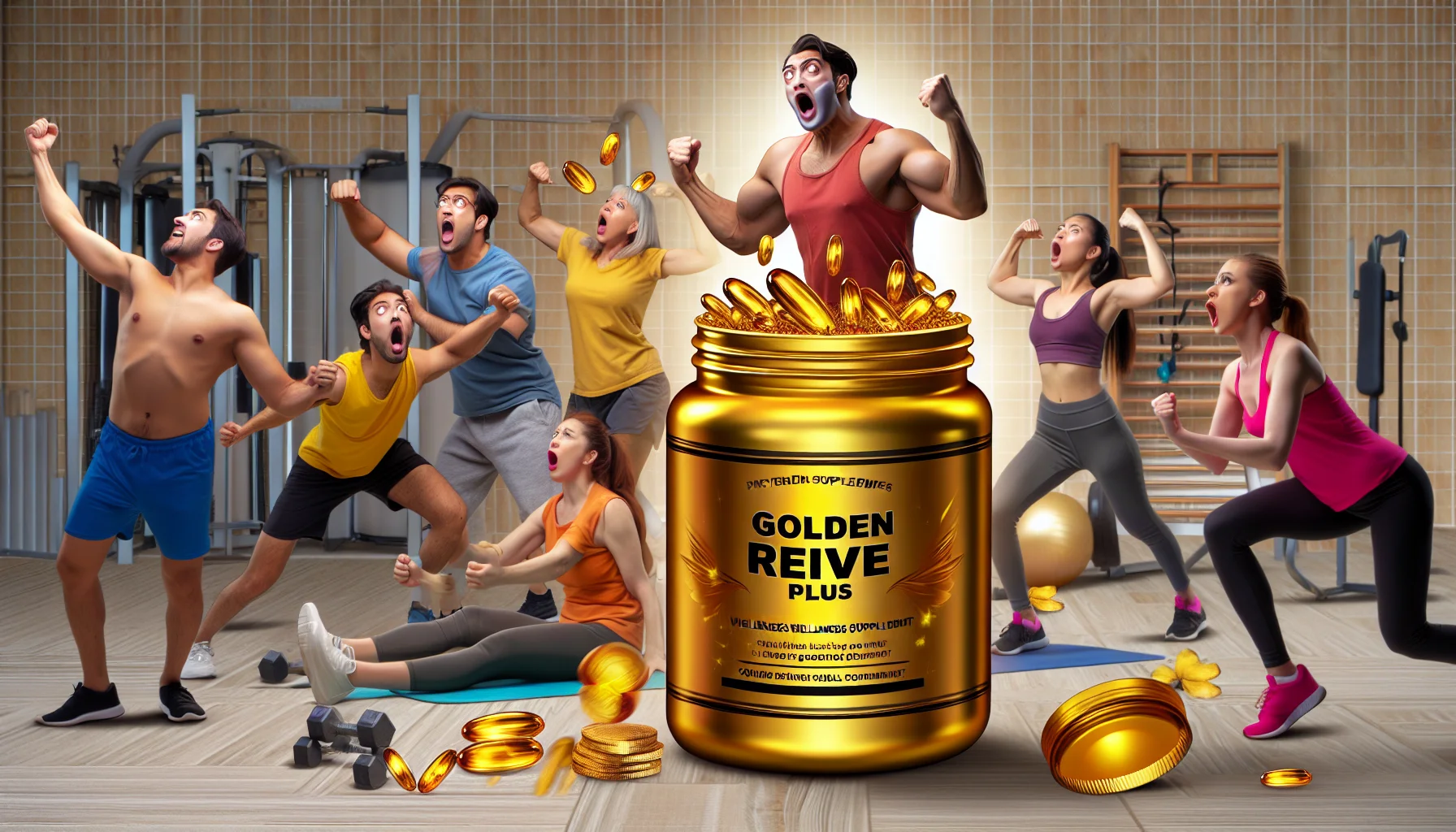 Devise an entertaining scene that encourages physical fitness, featuring a creatively designed, golden-hued container of a fictional wellness supplement called 'Golden Revive Plus' by a character named Joshua Levitt. In this amusing scenario, a diverse group of people of different descents and genders are engaging in various types of exercises. They react hilariously to the energetic effects of the supplement, showcasing exaggerated poses, strengths, and athletic abilities.