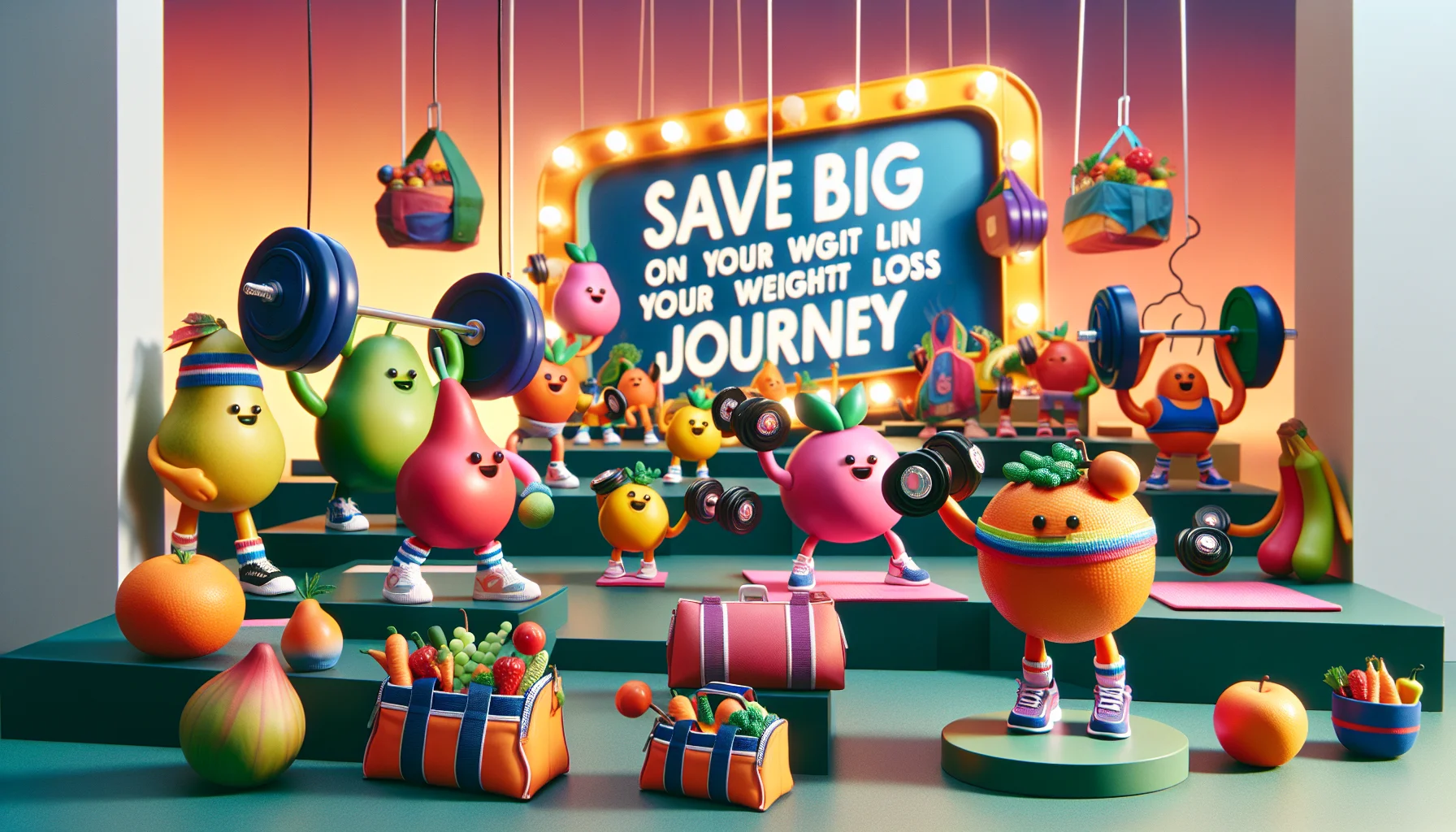 A playfully designed scene promoting weight loss journey through exercise. The image showcases a humorous scenario, where colorful animated fruits and vegetables lifting miniature barbells. They are donning athletic gear, cheering and motivating onlookers. In the background, a large, whimsical sign that reads 'Save Big on Your Weight Loss Journey' stands prominently, emphasizing the importance of healthy diet and regular workout. To add an extra layer of humor, designer gym bags filled with smaller fruits and vegetables are strewn about, 'working out' in their own miniature gym setups. The entire atmosphere is full of energy, encouraging viewers to take up healthy habits.