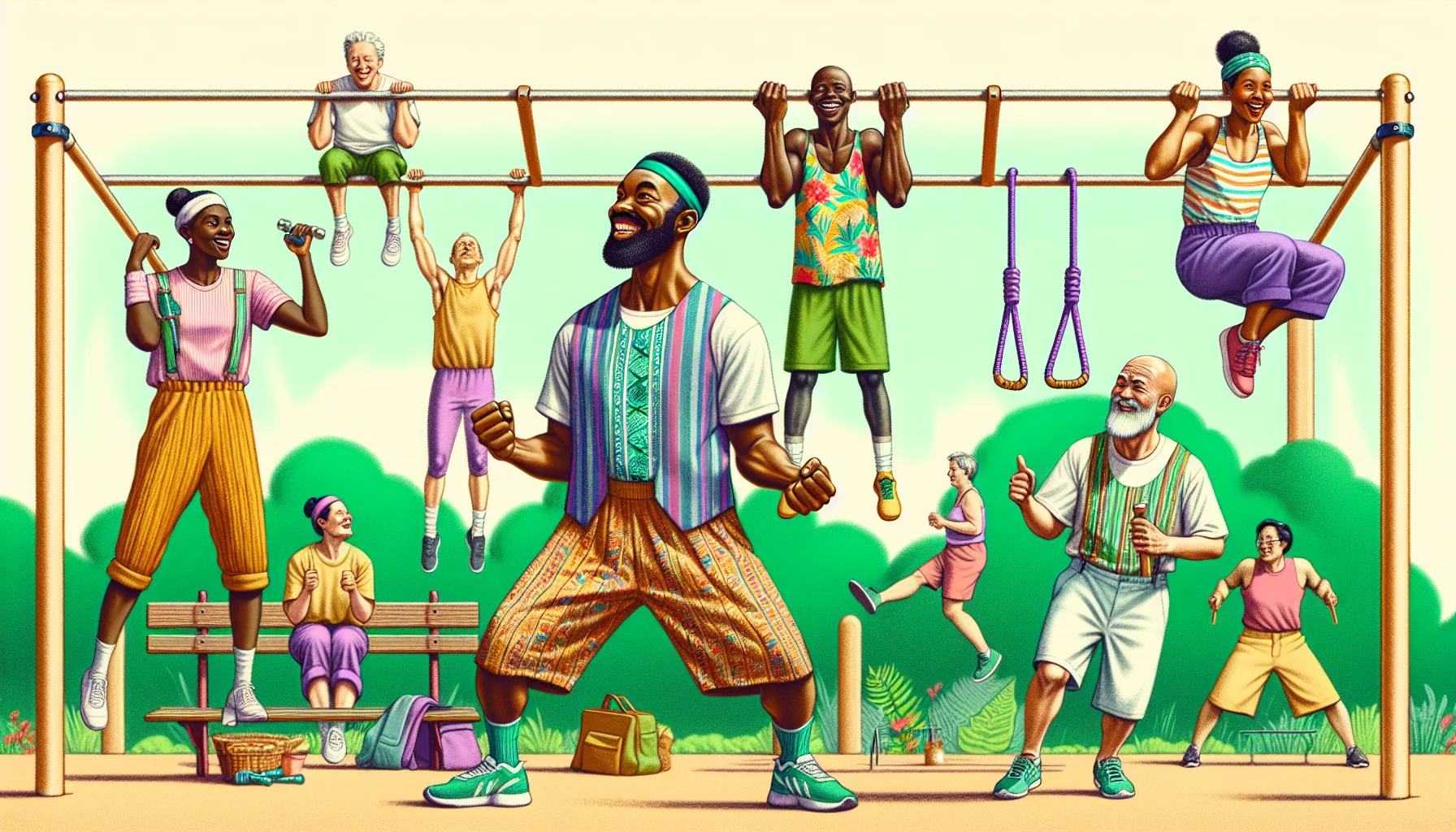 Create a humorous and captivating illustration that portrays a group of individuals of diverse descents and genders engaging in shoulder calisthenics exercises in an outdoor park. The scene could include an African lady, a Caucasian man, an Asian lady, and a Hispanic man all having a laughable moment while doing push-ups, handstands or pull-ups on the bars. Encapsulate the spirit of light-hearted fitness, with classic workout gears, such as sweatbands and shorts, and occasional mishaps, like tangled skipping ropes or misbalanced yoga poses, which create comic relief, promoting the idea of exercising fun.