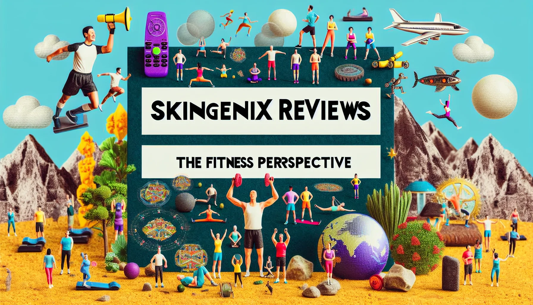 Create a humorous and realistic image that represents viewpoints on fitness and Skingenix. The scene may include exaggerated depictions of people engaging in various fun and enticing exercise routines, with humorous indications of their fitness progress outcomes. The phrase 'Skingenix Reviews: The Fitness Perspective' is prominently displayed in a playful but noticeable font.