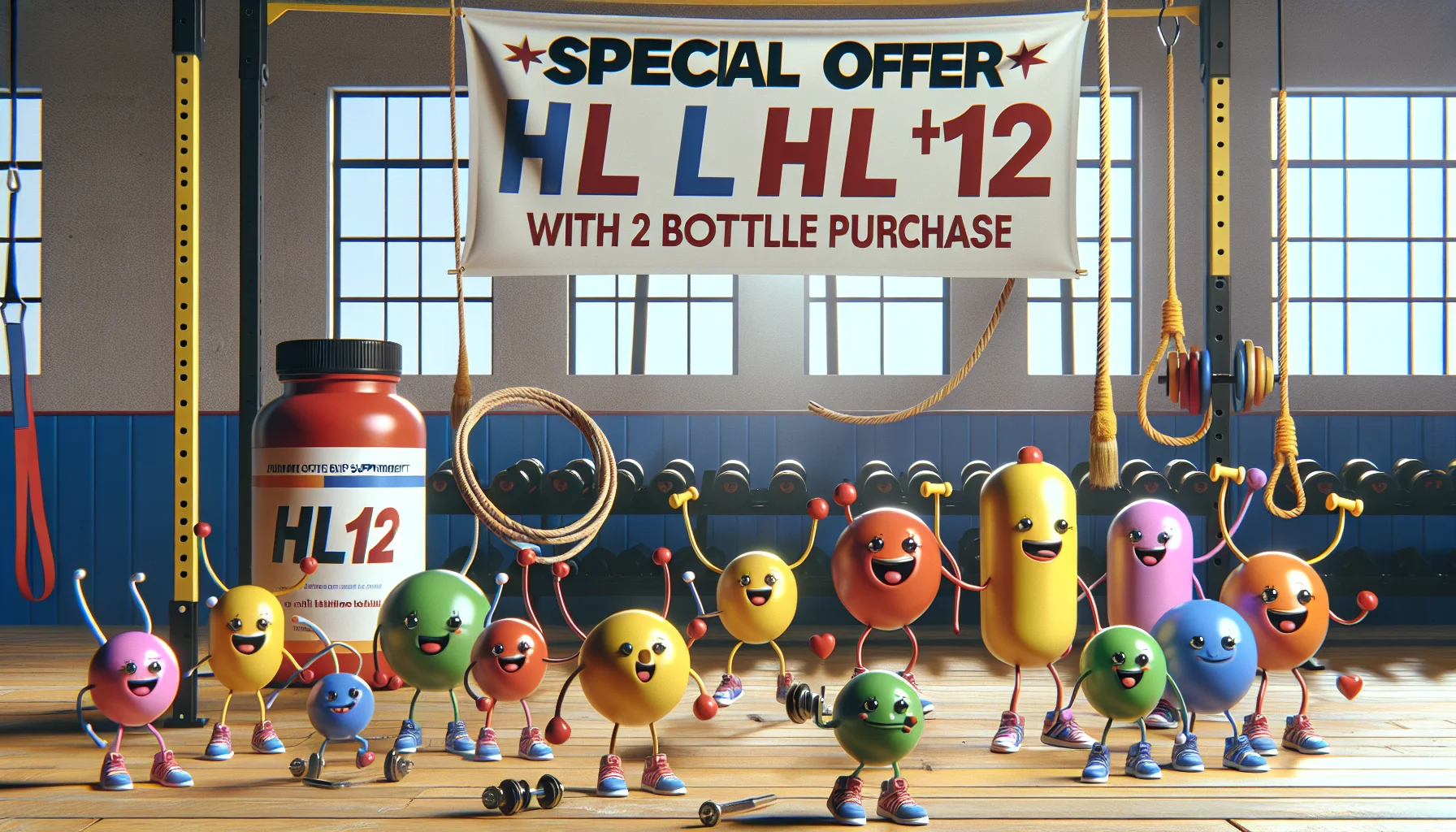 Create a humorous and realistic scene that encourages physical activity, featuring a special promotion of a health supplement called 'HL12'. Imagine this image depicting a wide array of playful gym equipment in bright colors, with a large eye-catching banner across the scene stating 'Special Offer: HL12 Supplement with 2 Bottle Purchase'. Perhaps an array of personified sports equipment such as a skipping rope joyfully skipping, or a barbell trying to lift another smaller barbell, each with animated features like eyes and smiles, could add a layer of humor and fun to the scene.