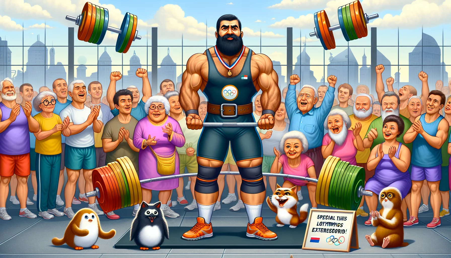 Create a humorous and motivational image that highlights a Special Olympics powerlifting record that encourages people to exercise. Picture this: An exterior gym setting where everyone from all walks of life gazes in awe and cheers on as an strong Hispanic woman and a muscular Middle-Eastern man each set records in powerlifting. Their expressions should be filled with determination and enjoyment. In the background, several fun elements such as talking dumbbells encouraging the onlookers to join in, a burly cat demonstrating push-ups, and a group of elderly penguins in colorful sports gear cheerleading enthusiastically to add humor and whimsy to the entire setting.