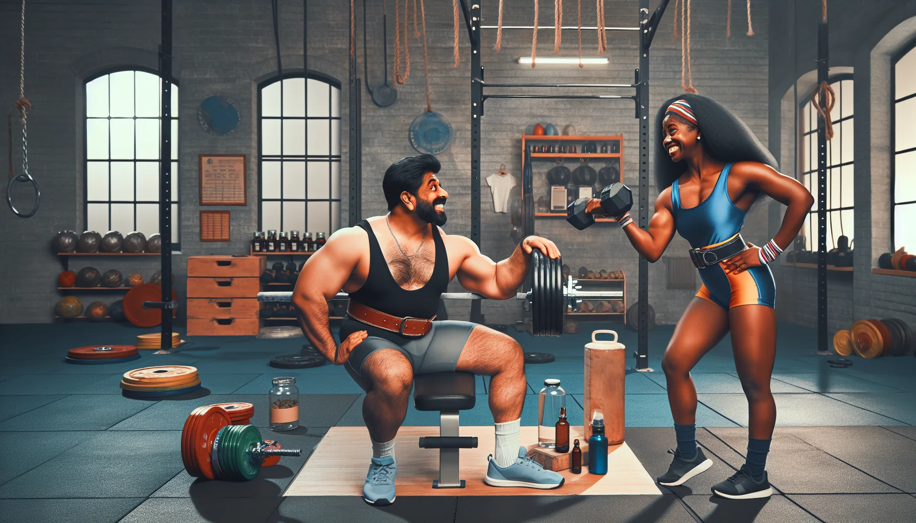 Depict a comedic tableau of a South Asian strongman and a Black female powerlifter engaged in a friendly competition in a local gym environment. The strongman is amusingly struggling to lift a dumbbell, while the powerlifter confidently hoists a heavy barbell above her head. There are gym equipment and health supplements in the background hinting at the scene's context. Include details such as their professional workout attire, perspiration evidencing their physical exertion, and friendly grins that encourage viewers to engage in regular exercise.