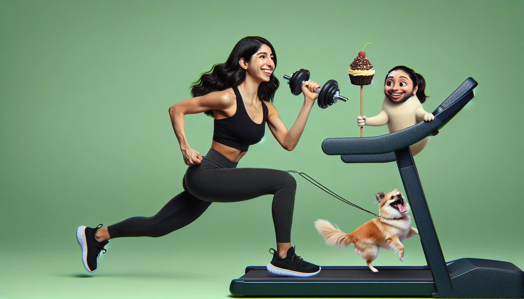 Create a realistic image showcasing a young, athletic Hispanic woman with long dark hair in a humorous scenario inspiring people to exercise. She could be doing something like trying to lift a too-heavy dumbbell, running on a treadmill with a piece of cake on a stick in front, or doing yoga with a funny pet interruption.