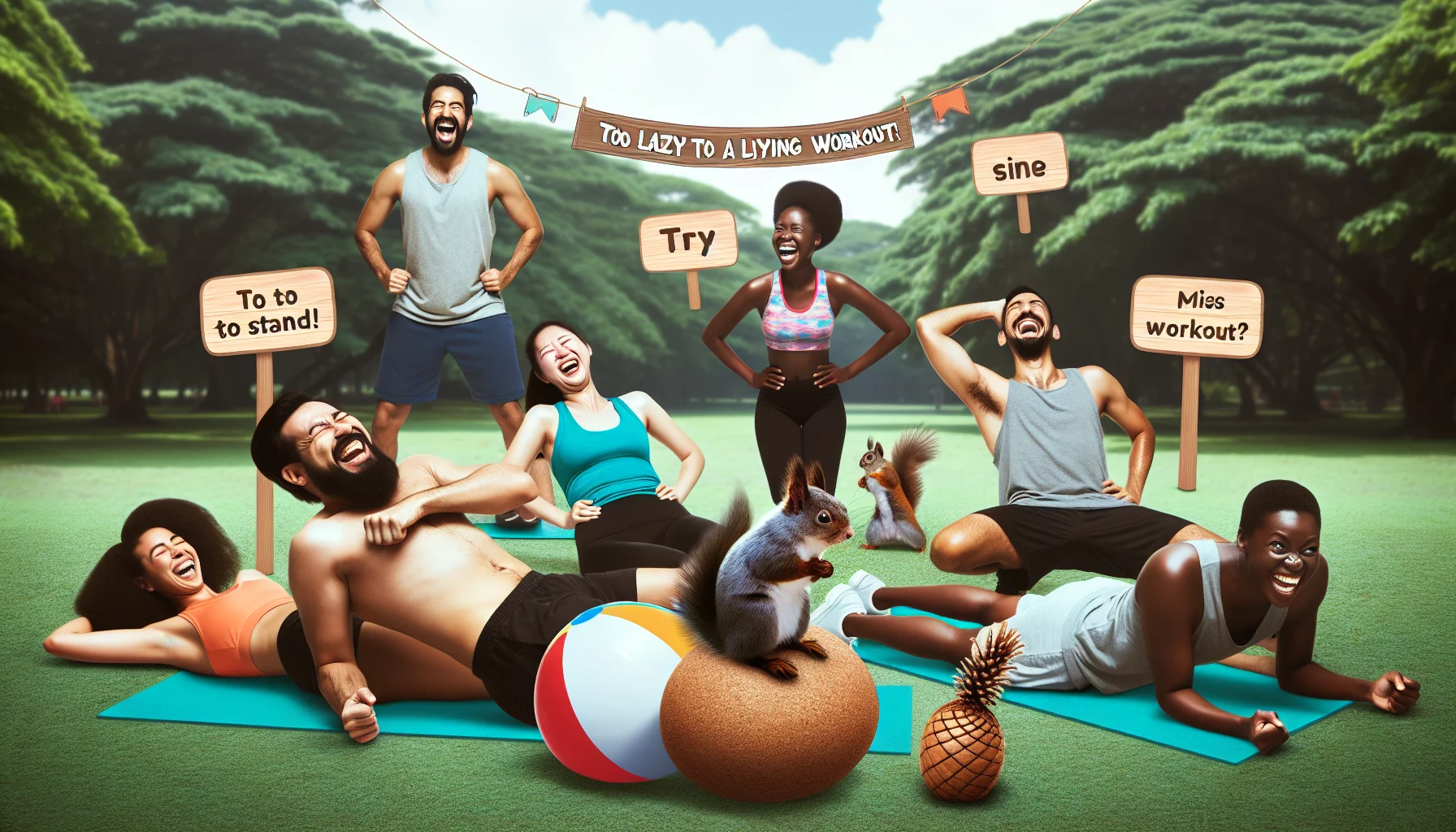 Create a humorous and motivational scene of a diverse group of people engaged in a tabata workout sequence while lying down. Set in an open outdoor park, with lush greenery. In the scene, there is a South Asian man, grinning widely as his pet squirrel attempts to mimic the exercise. Near him, a Black woman is laughing heartily while trying not to miss her count. To their side, a Middle-Eastern man uses a large beach ball instead of a weight, dramatically losing his balance resulting in friendly laughter. Cute banners flutter around that read 'Too lazy to stand? Try Tabata lying workout!'