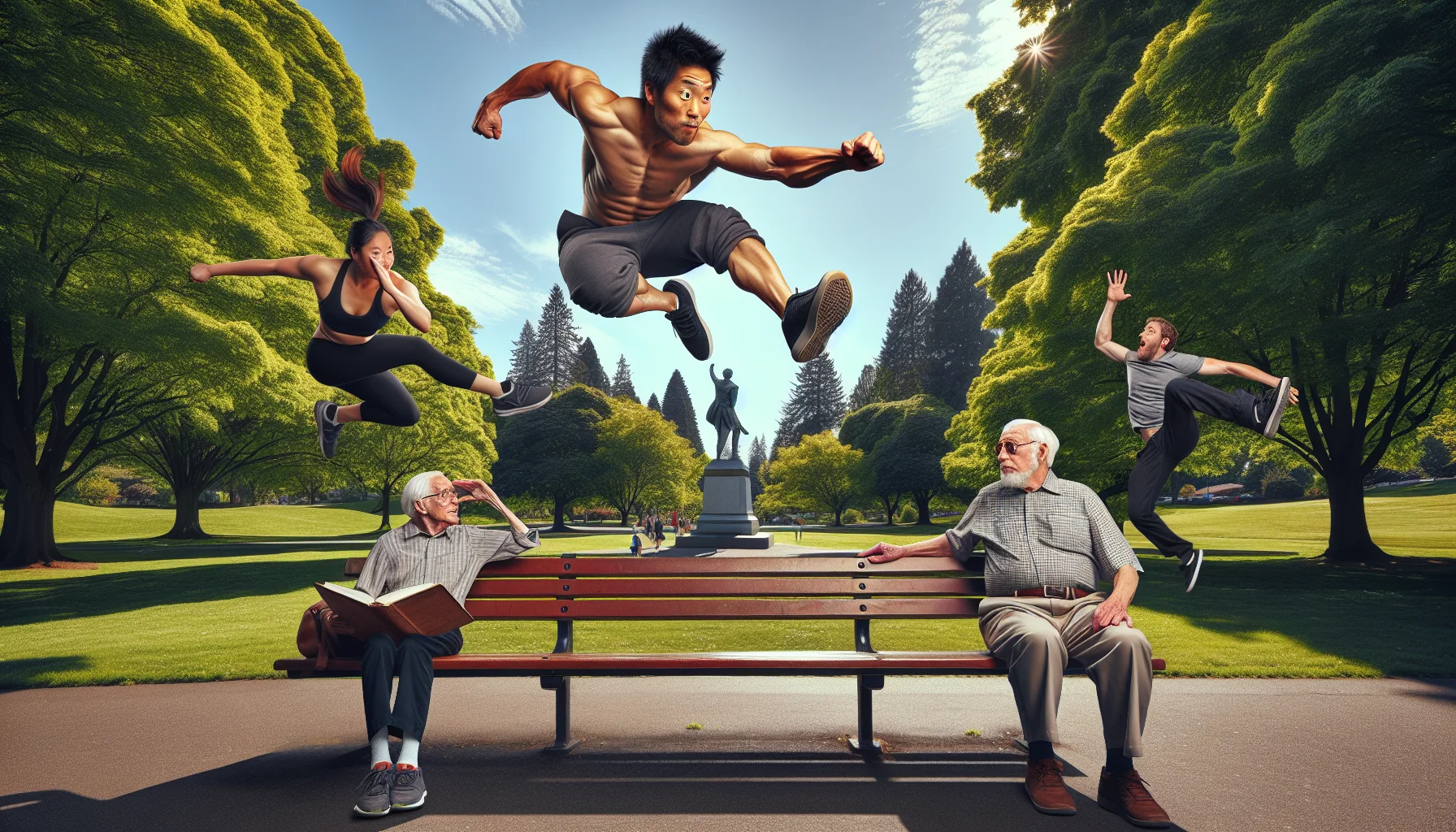 Create a humorous and enthralling scene at Tualatin park, focused on a parkour activity. Visualize an Asian male, exhibiting high level agility, leaping over a park bench with a look of excitement on his face. Behind him, a Black female follows suit, mirroring his actions. A Caucasian elderly man, watching them with amusement, attempts to mimic their actions by jumping over a much shorter object, a book. The backdrop is filled with verdant trees, a sunny day with a clear blue sky, expressing an energetic, warm, and inviting atmosphere. The image should aim to inspire people to enjoy exercising and try something new like parkour.