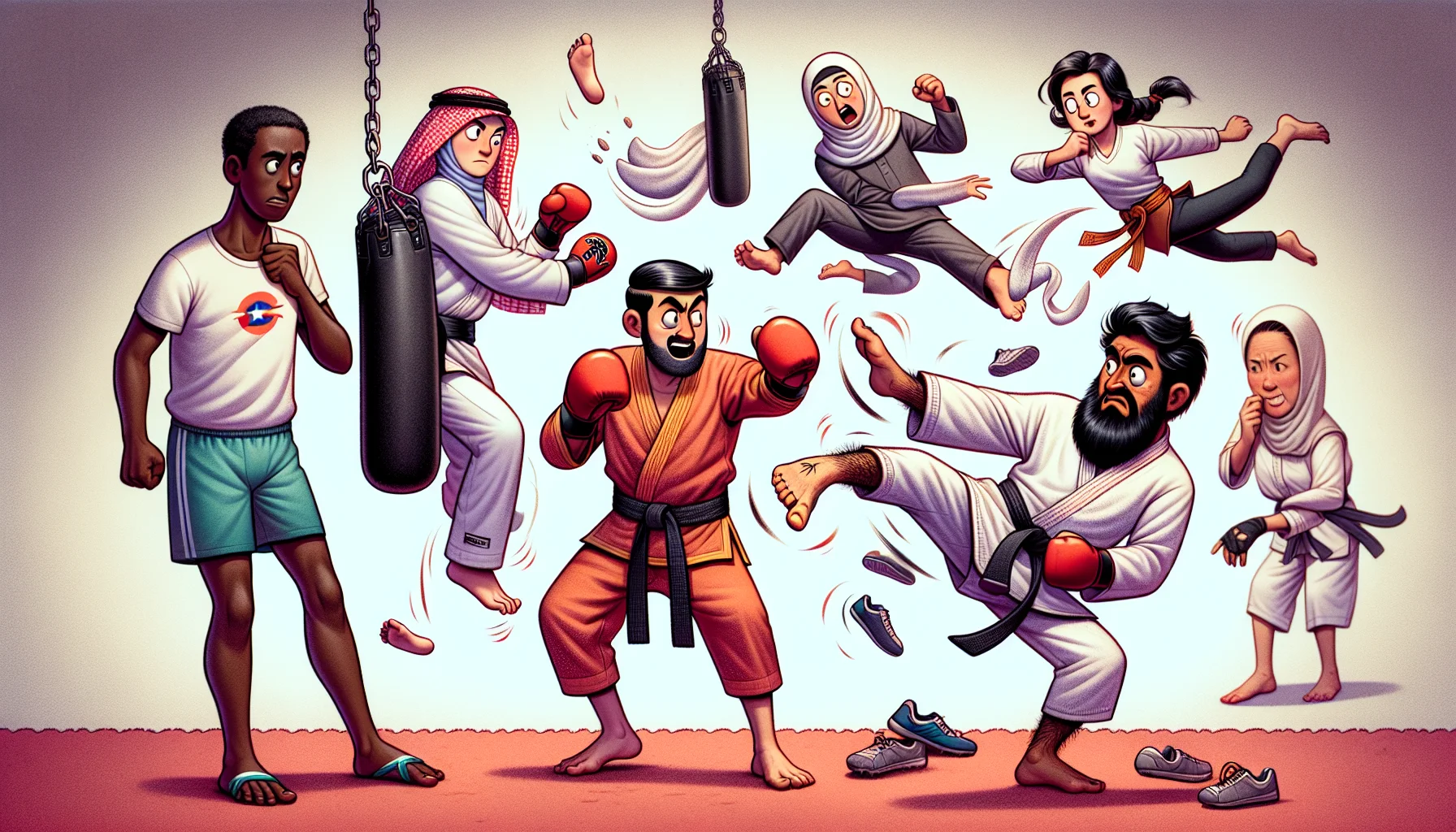 An amusing image showcasing various types of kickboxing techniques. On the left, a Middle-Eastern female kickboxer is attempting a roundhouse kick, but her shoe is surprisingly flying off, landing on a kickboxing pad held by an amused Hispanic male trainer. In the middle, a Black male kickboxer is performing a spinning back kick, but his towel is humorously wrapping around him like a cape. On the right, a Caucasian female kickboxer is executing a high kick, but her hair tie is comically springing off, startling a South Asian male holdmate. This scene highlights the unexpected humorous situations that occur during an intense kickboxing session, encouraging viewers to embrace the fun side of physical exercises.