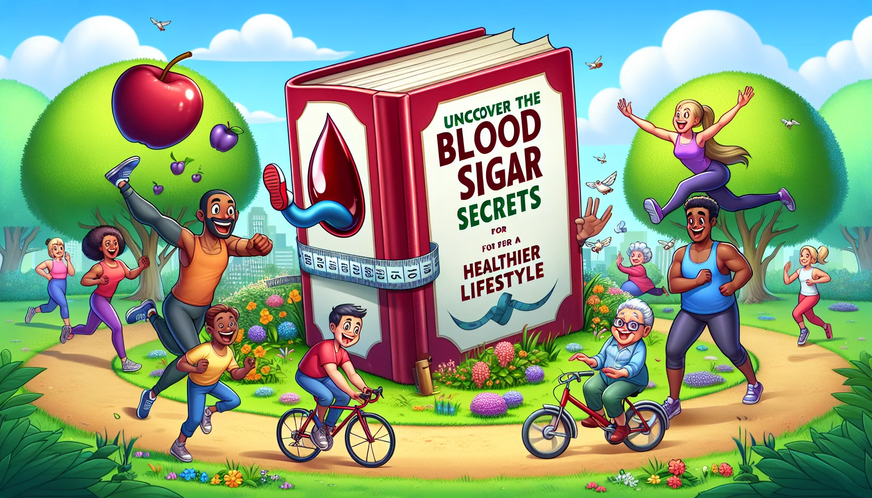 Craft an image illustrating a humorous scenario in which an amusing, cartoonish book titled 'Uncover the Blood Sugar Secrets for a Healthier Lifestyle' is being presented. This giant, eye-catching book is cherished by energetic individuals who are engaged in different enjoyable physical activities like jogging, dancing, yoga, and cycling around it. Showcase a diverse range of people in the scene: a mid-aged Middle Eastern man happily cycling, a Black woman in her 30s joyfully doing yoga, a Caucasian elderly woman energetically dancing, and a South Asian young man amusingly jogging. The backdrop is a lively park setting filled with blooming flowers, lush green lawns, and trees.