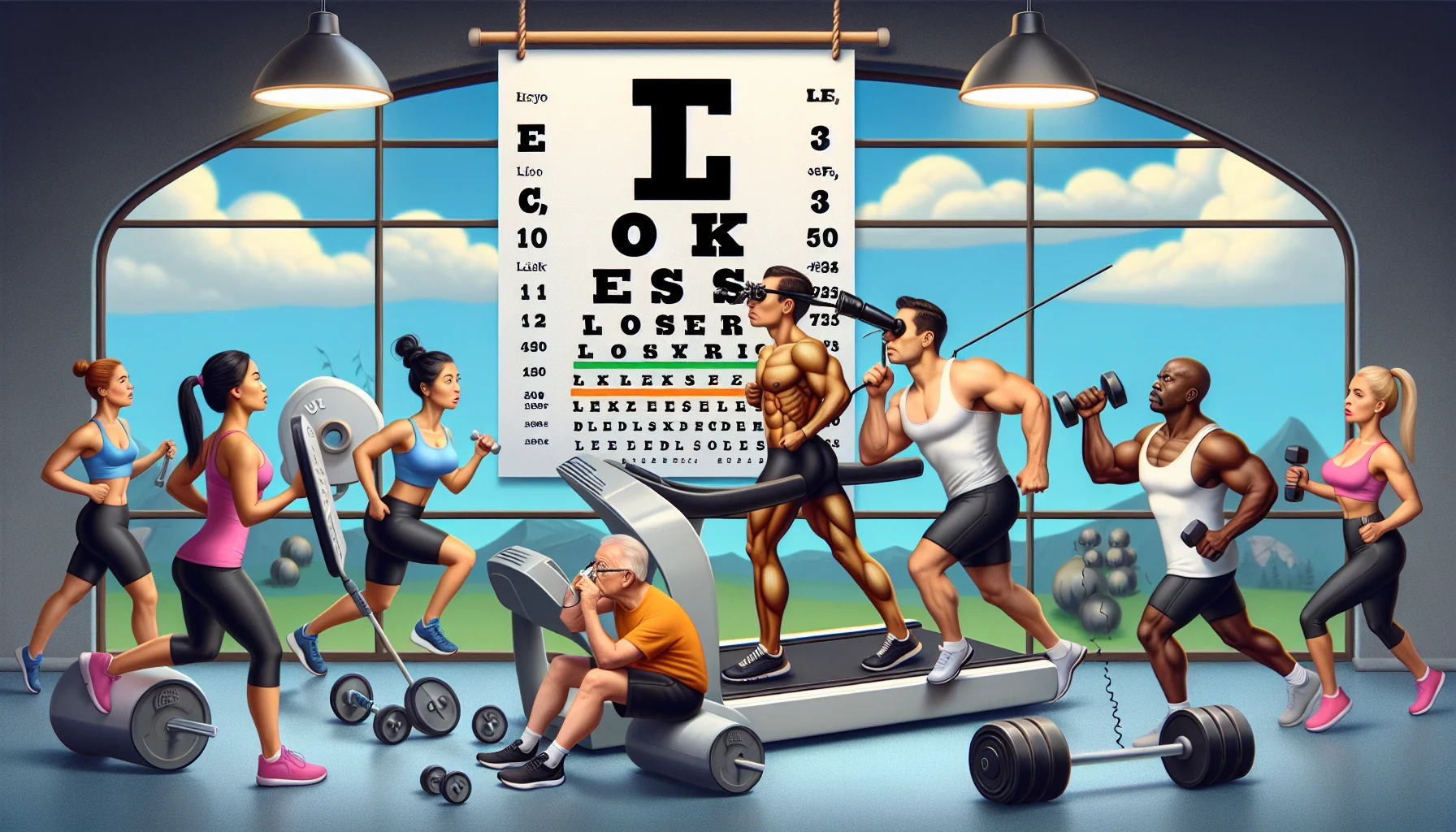 Create a humorous portrayal of 'Understanding LASIK Eye Surgery Costs.' Imagine a surreal gym setting where the eye chart acts as motivational posters encouraging people to exercise. A scene where diverse people of different genders and ethnicities, such as a Hispanic woman or an Asian man, perform various exercises; a Caucasian woman on the treadmill squints at the chart; a Black man lifts weights, trying to decipher the smaller letters. There is a sense of jest as everyone attempts to make sense of LASIK cost information disguised as workout regimens.