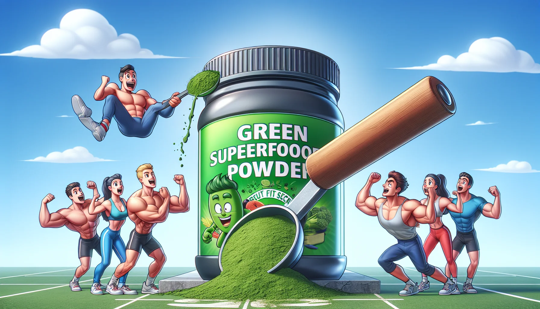 Create a comedic, visually enticing scene promoting the effective use of green superfood powders for athletic excellence. The scene should have a playful tone. Picture a lever being pulled to unveil a giant container of green superfood powder with a label stating 'Best Fitness Secret'. Animated human characters of various descents like Caucasian, Hispanic and Middle-Eastern, both male and female, are awestruck witnessing the reveal. They are dressed in bright sportswear, their expressions full of enthusiasm and motivation to exercise. On the side, there should be a depiction of a humorous mascot character flexing its muscles while holding scoop of green superfood powder, symbolizing the energy-boosting effect of the product.
