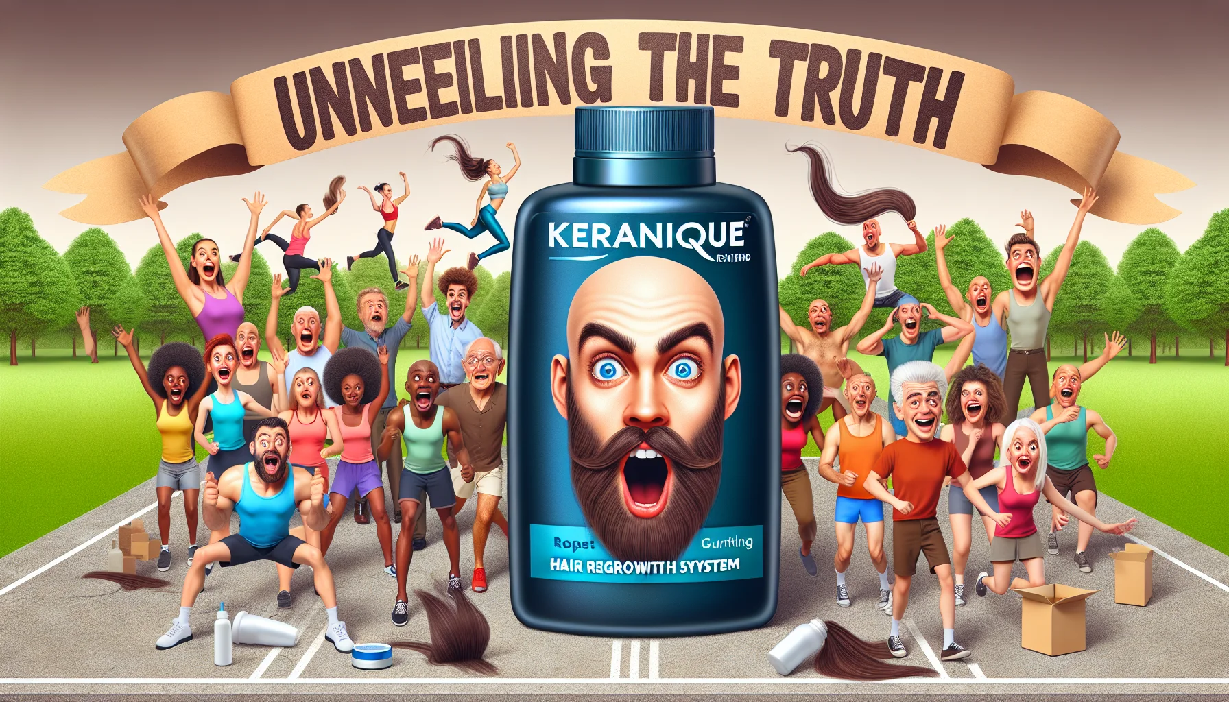 An engaging and humorous scene representing the topic of a hair regrowth system review. A foreground element features an oversized eye-catching bottle of the Keranique Hair Regrowth System. Next to it, an assorted comically exaggerated group of people of diverse descents and genders showing surprise and amazement. In the background, various individuals are enthusiastically exercising in an open park setting, prompting a healthy lifestyle. The words 'Unveiling the Truth: Keranique Hair Regrowth System Reviewed' are written in a fun and bold font at the top edge of the scene.