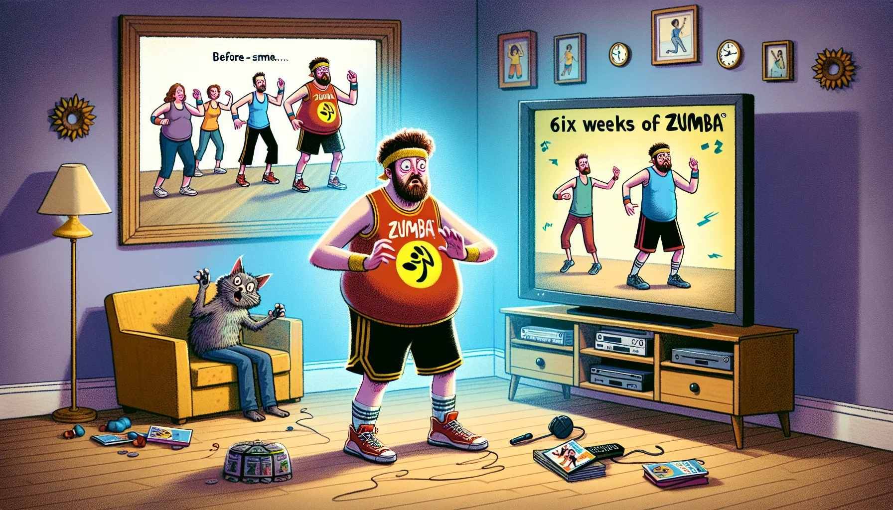 Imagine an amusing scenario that showcases the transformation after six weeks of Zumba, designed to encourage people to exercise. The scene includes two before-and-after images. In the first image, an out-of-shape, Caucasian man attempts to dance to a Zumba routine, looking confused and awkward in his oversized basketball shorts and t-shirt. In the background, a Zumba DVD plays on a television in a living room. In the second image, the same man appears again, but this time he's a lot more fit and confident, dancing with gusto in his perfectly fitting workout clothes, following the Zumba moves flawlessly. A surprised cat, knocked over plant pot, or other funny element should be included to add a layer of humor.