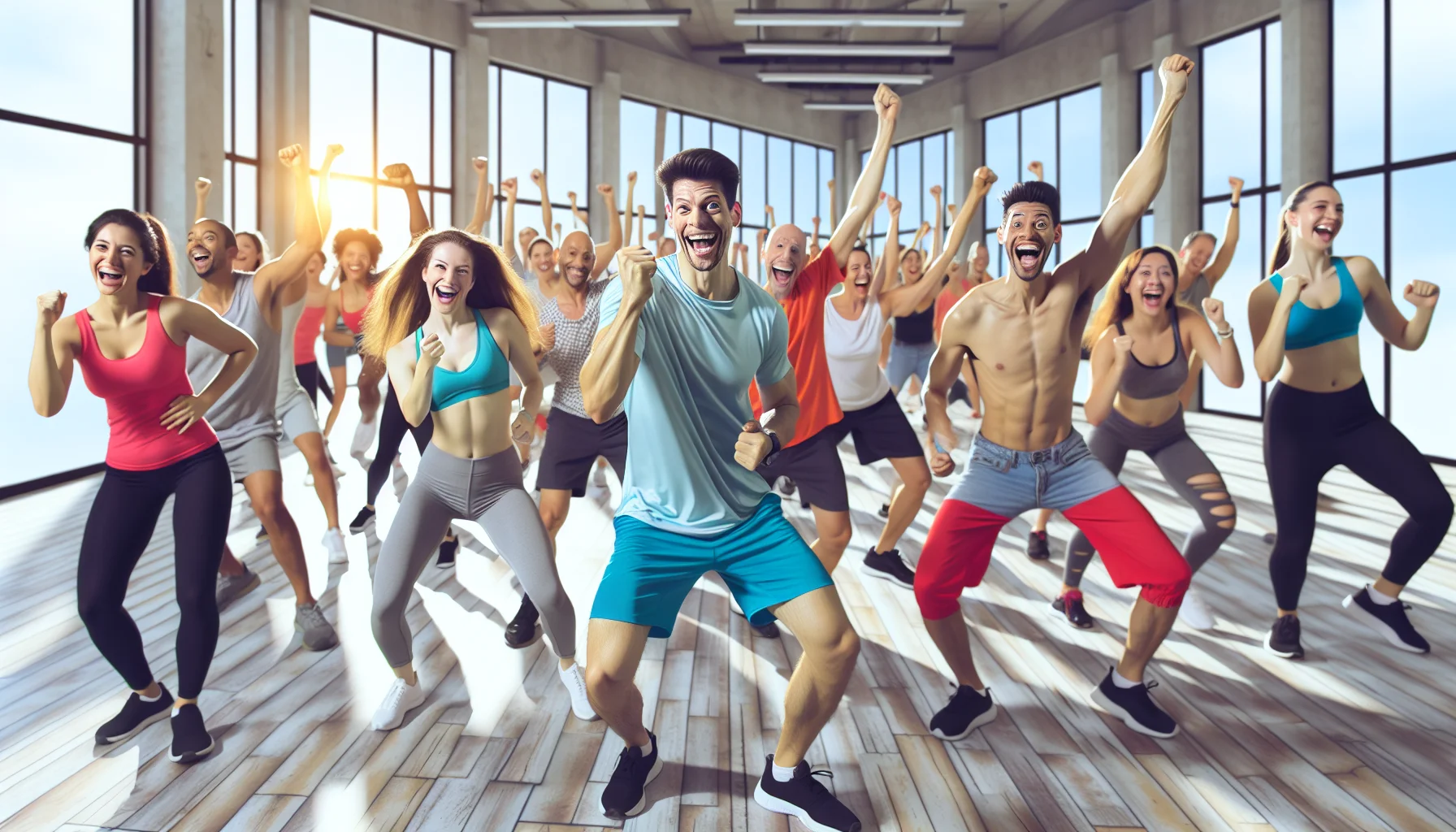 Generate a humorous and persuasive image depicting an animated sequence of a mixed group of individuals, of varying descents such as Hispanic, Caucasian, and South Asian, and of both genders, joyfully participating in a Zumba fitness class. They are in a bright, spacious gym with floor-to-ceiling mirrors. Some are successfully following the moves, while others are hilariously struggling to keep up the rhythm, with goofy expressions and exaggerated movements. Their fun and laughter are infectious, promoting the message that exercise can be enjoyable and engaging.
