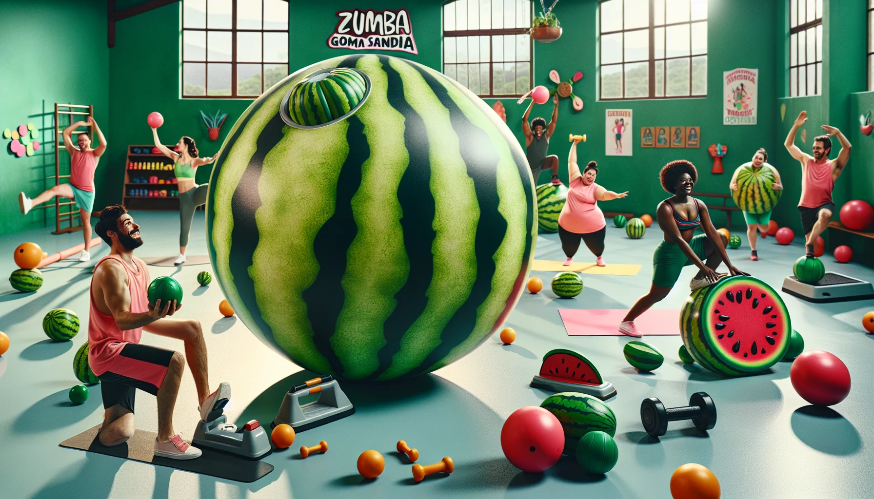 Craft a humorous scene to inspire people to work out, featuring a zumba goma sandia—a large, bright green watermelon bouncy ball—taking the center stage. Perhaps there is an array of fruit-themed exercise equipment around, with the watermelon ball incongruously being used for a myriad of unconventional exercises: think of it being juggled by a Caucasian man doing yoga poses, rolled like a bowling ball by a Black woman attempting to do push-ups, and even serving as a hurdle for a Hispanic man doing jumping jacks. The setting could be an eccentric, colorful gym, brimming with energy and positivity.