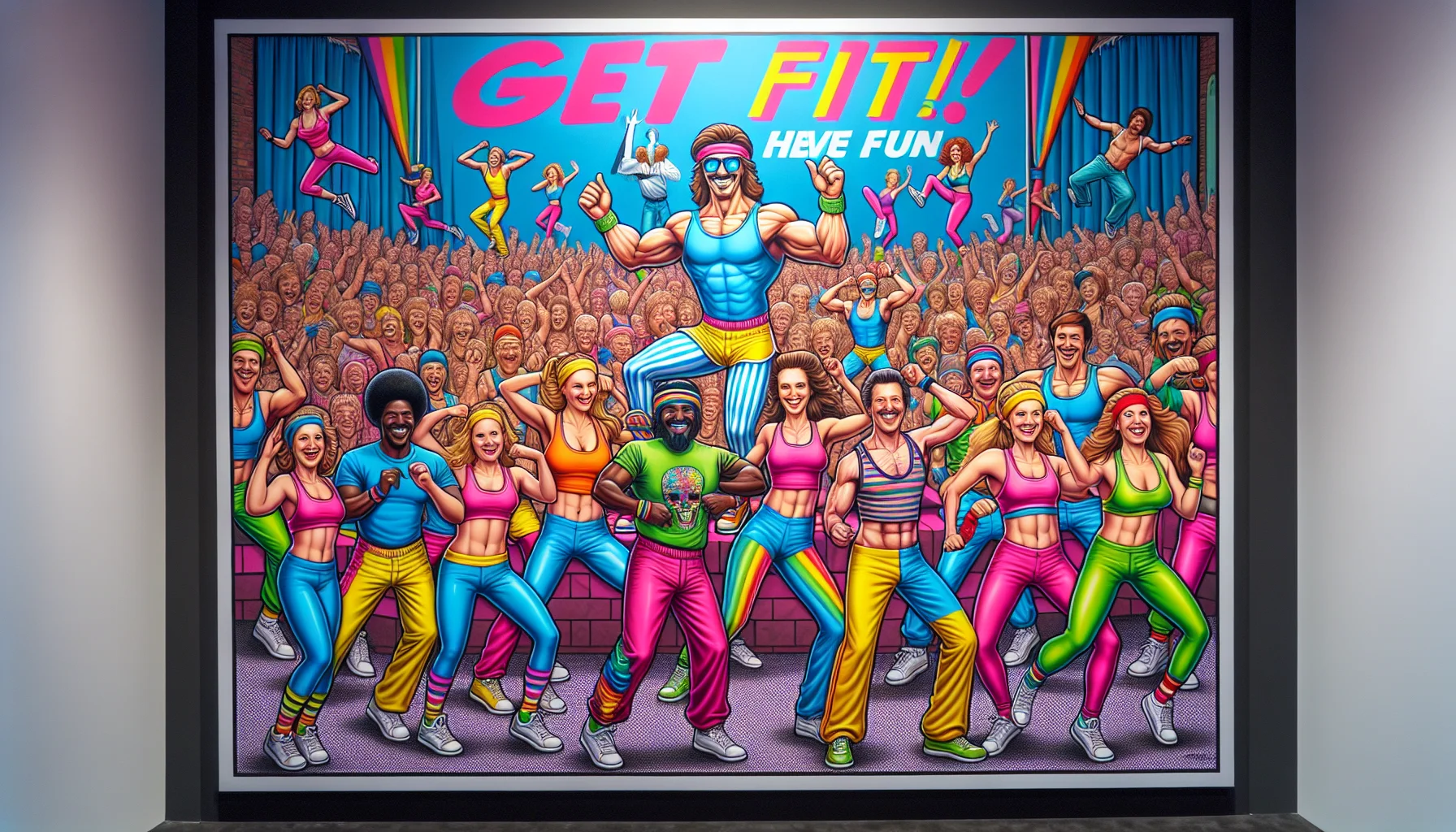 Imagine a humorous scene set in a lively gym, where a group of individuals of various descents and genders are happily participating in a zumba class. They are all wearing colorful 80s style zumba pants, which are highlighted by the expanse of colors, patterns, and exaggerated silhouettes. As an enticement for exercise, include a backdrop sign saying 'Get Fit, Have Fun!' with animated characters showing off dynamic zumba moves. The whole setting should evoke a sense of fun and motivation to join in the activity.